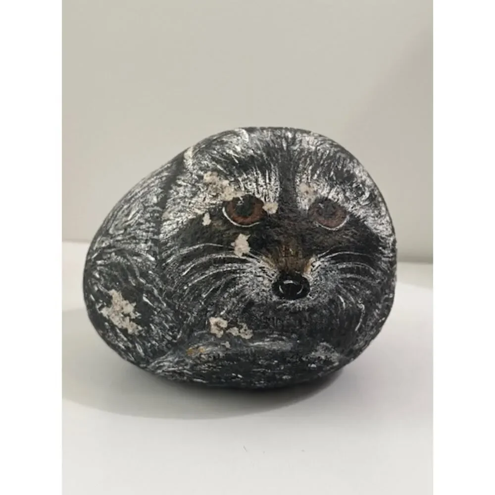 Vintage Raccoon Hand Painted On Rock Stone Signed